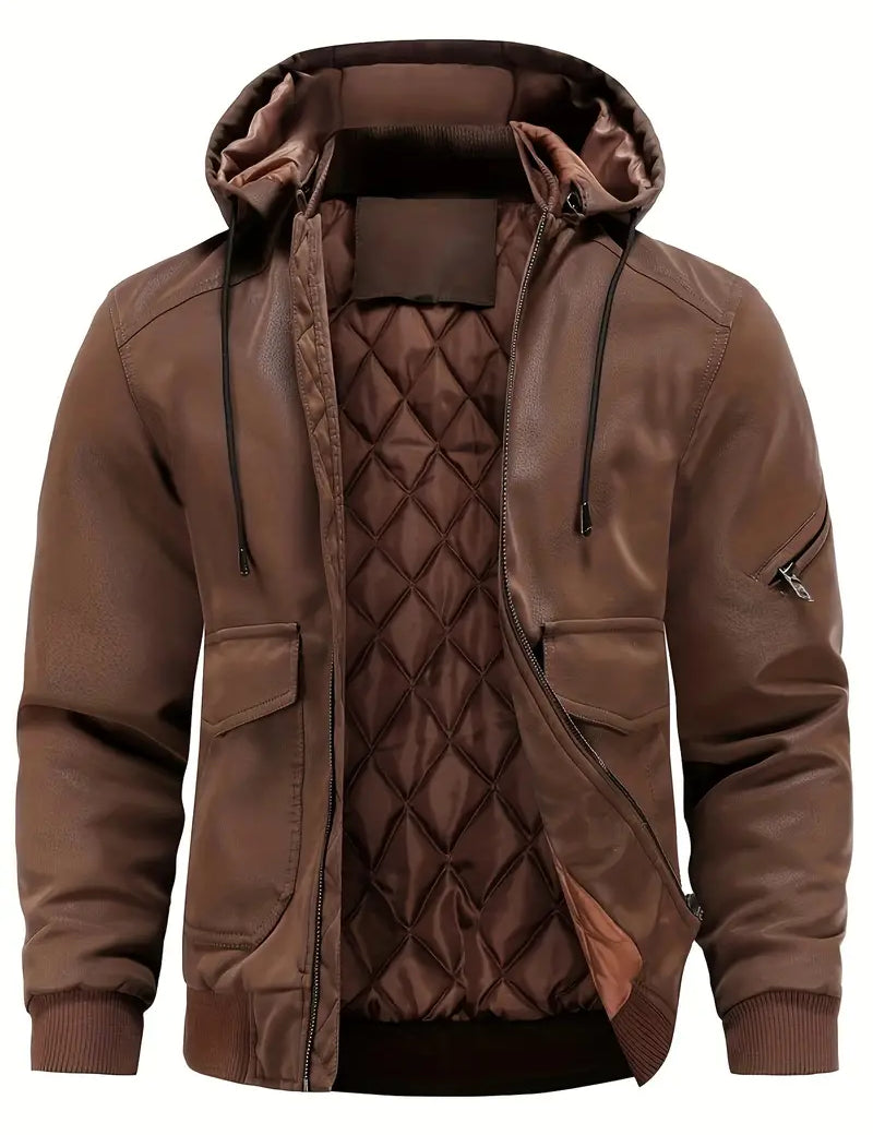 Artur - Hooded Men's Winter Jacket in Windproof and Waterproof PU Leather