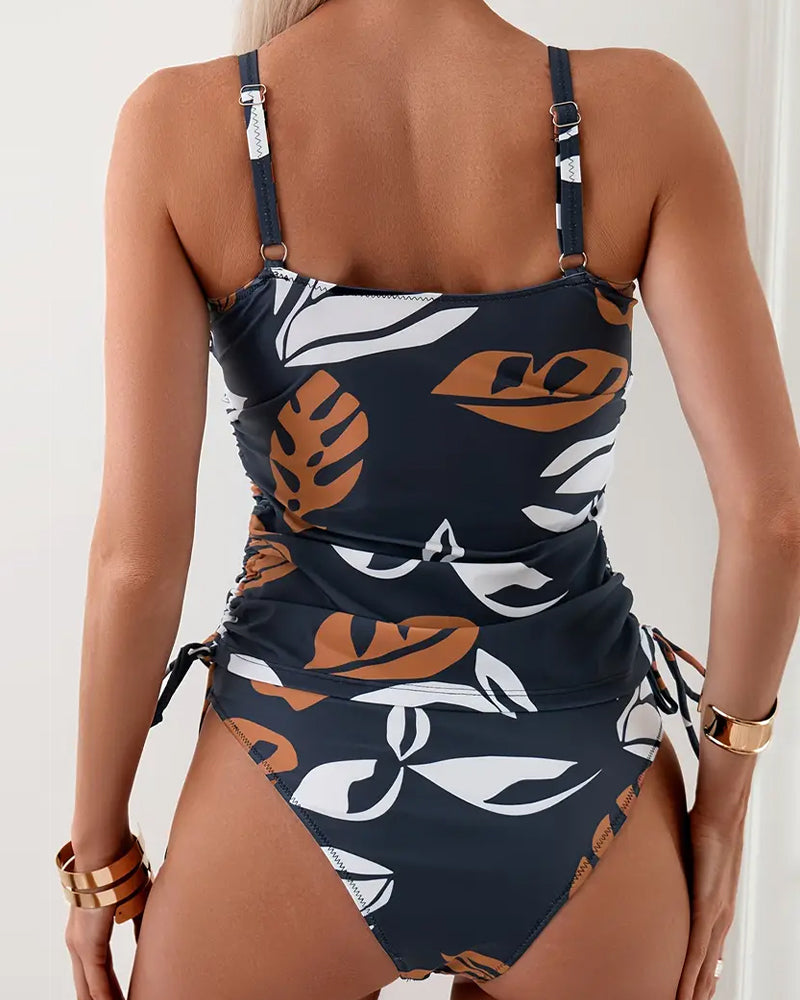 Karina - Pleated Backless Swimsuit with Leaf Print