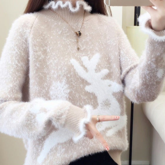 Analia - Casual Sweater with Thick Mink Hair Knit and Ruffles