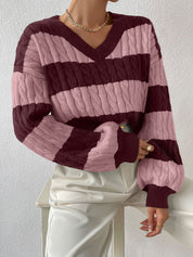 Kayleigh - Autumn/winter striped V-neck jumper