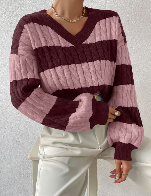 winter striped V-neck jumper