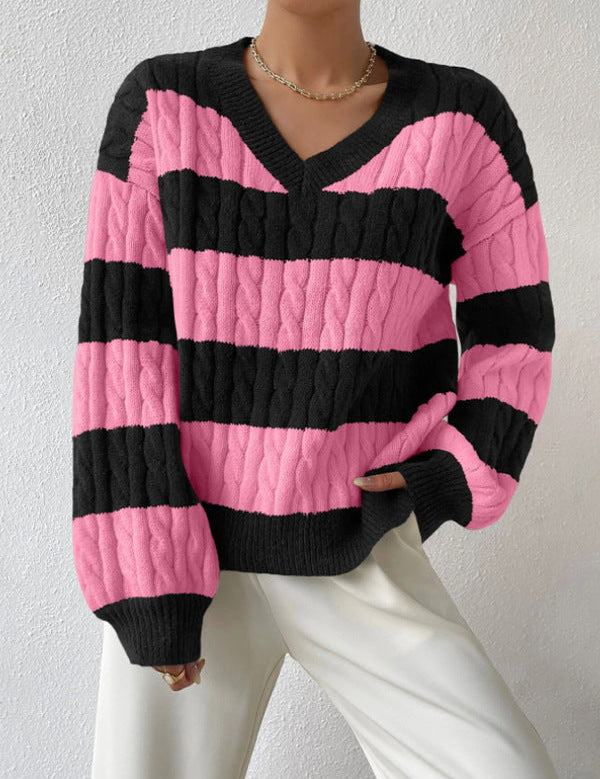 winter striped V-neck jumper