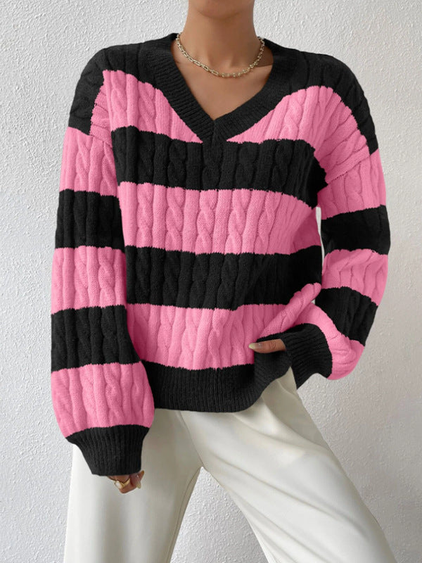 Kayleigh - Autumn/winter striped V-neck jumper