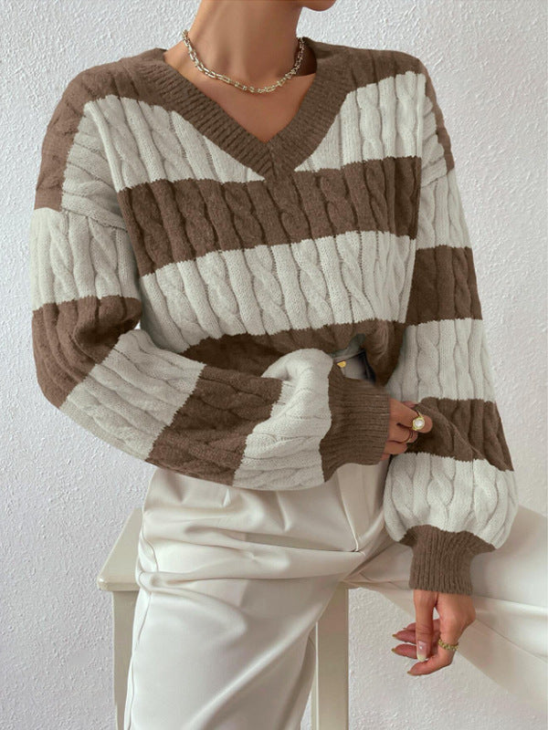 Kayleigh - Autumn/winter striped V-neck jumper