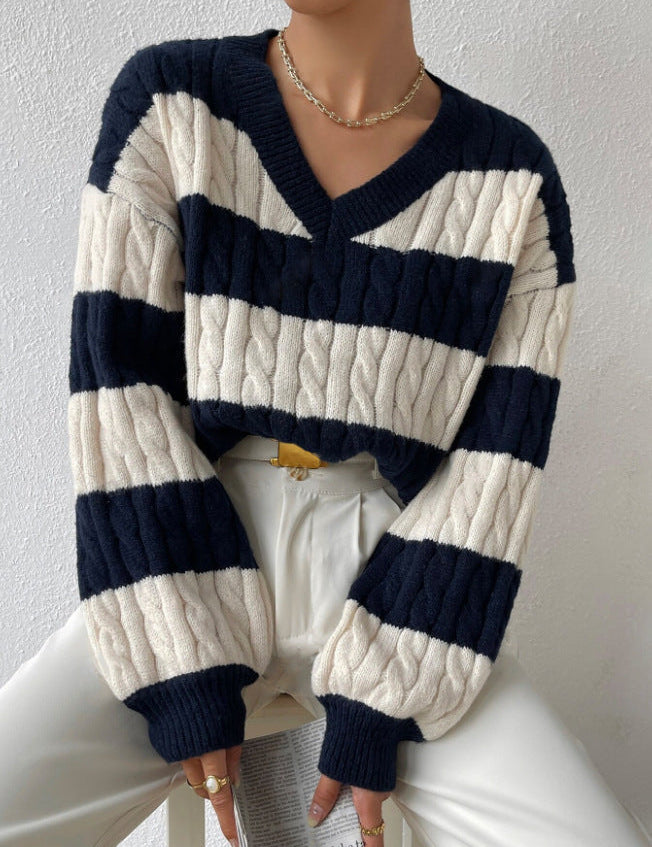 winter striped V-neck jumper