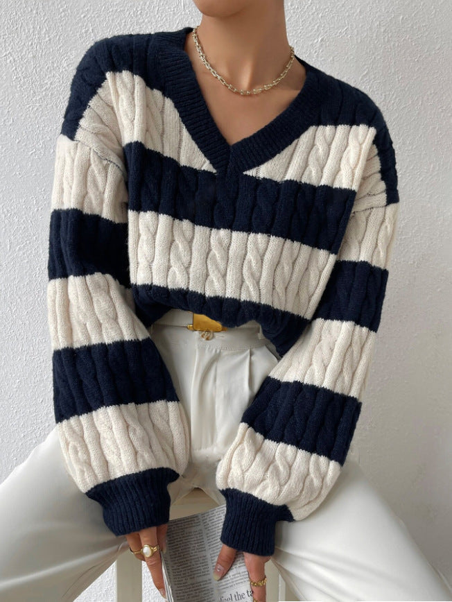 Kayleigh - Autumn/winter striped V-neck jumper