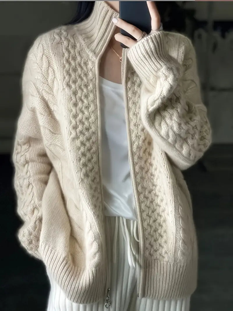 Isabelle - Women's Casual Cable Knit Zip Up Cardigan