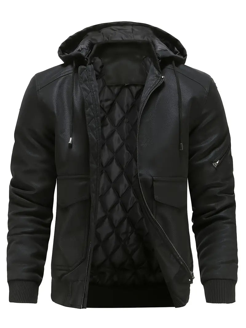 Artur - Hooded Men's Winter Jacket in Windproof and Waterproof PU Leather