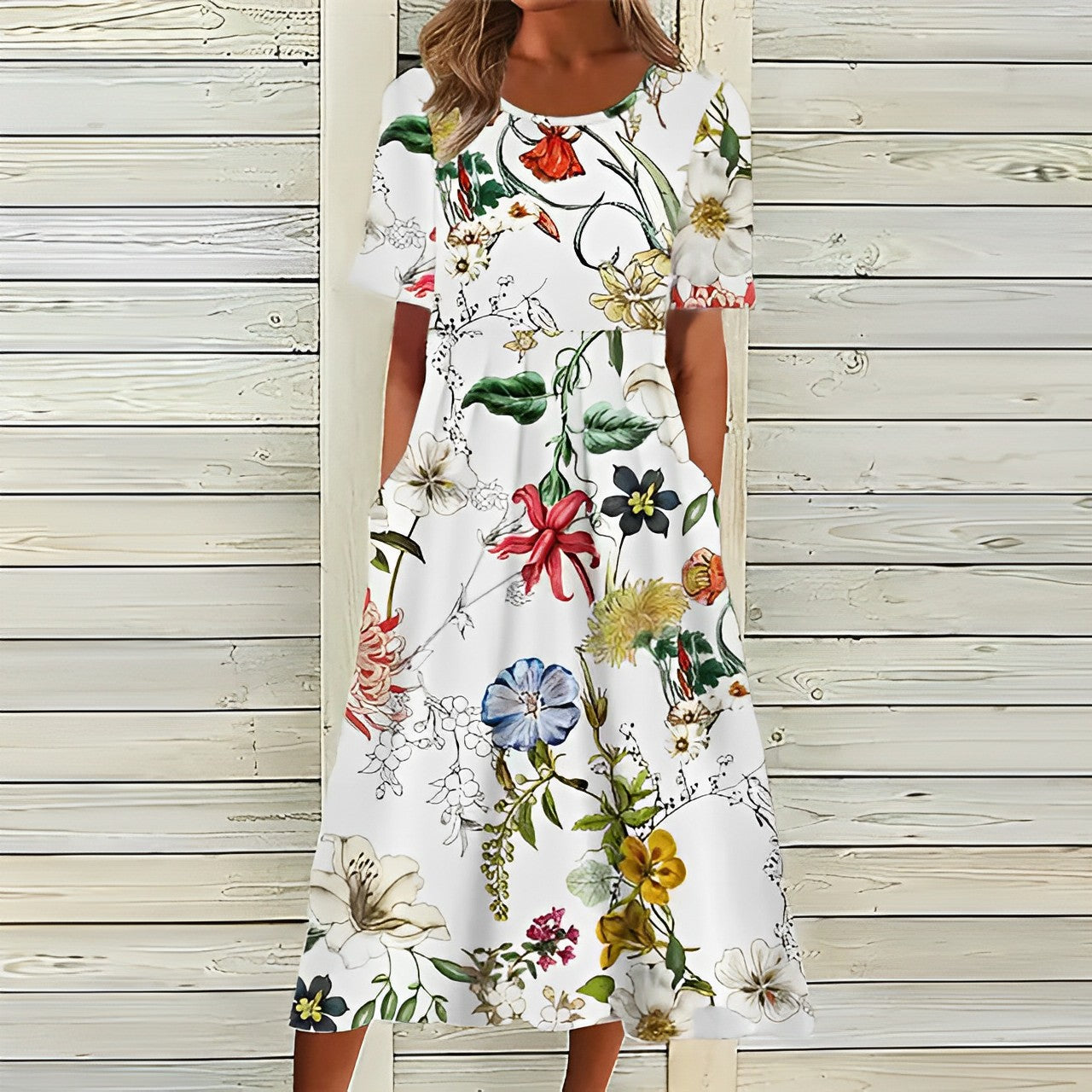 Giana - Elegant white dress with floral print